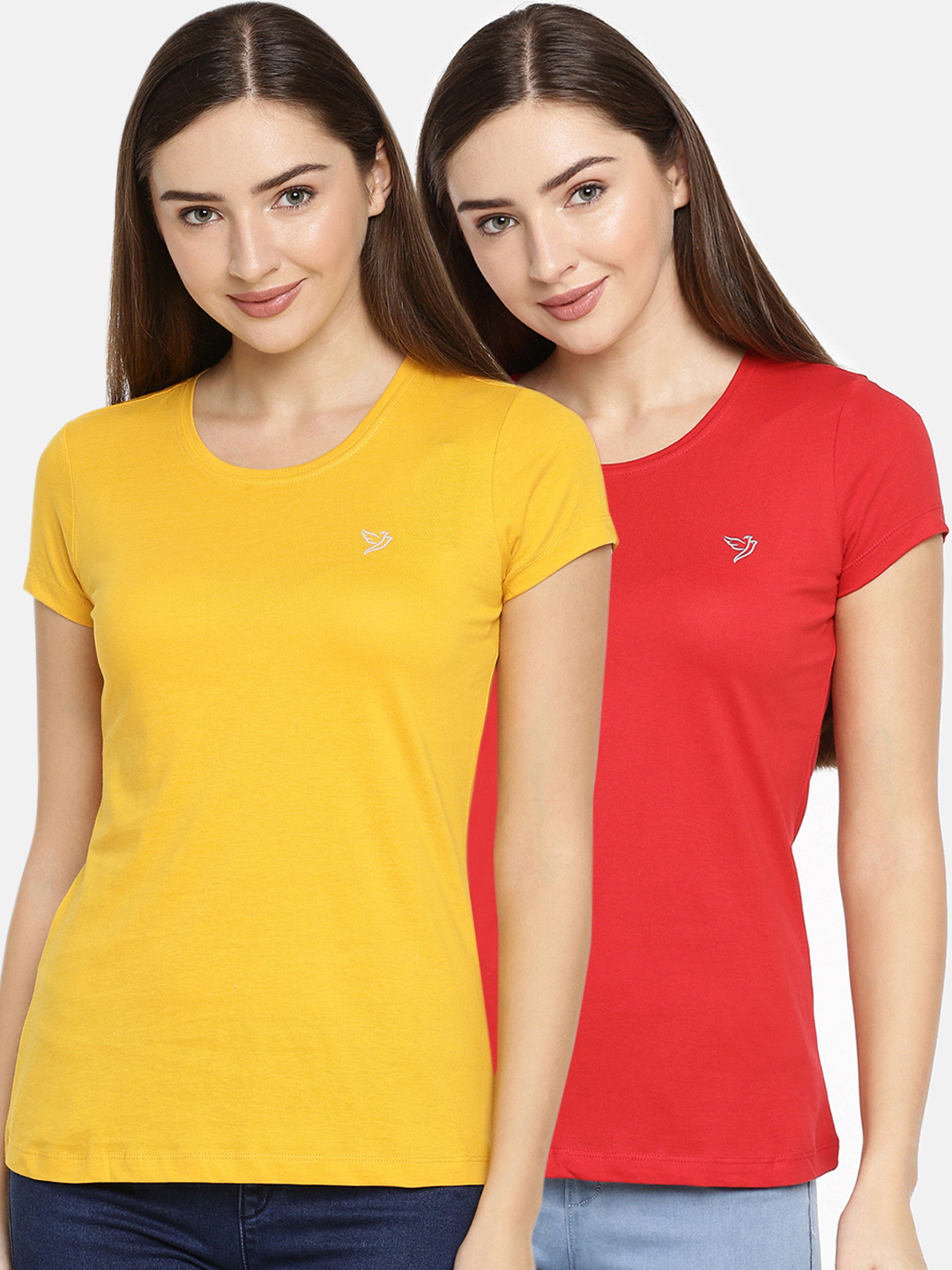 

TWIN BIRDS Women Pack Of 2 Red Yellow Solid Round Neck Pure Cotton T-shirt