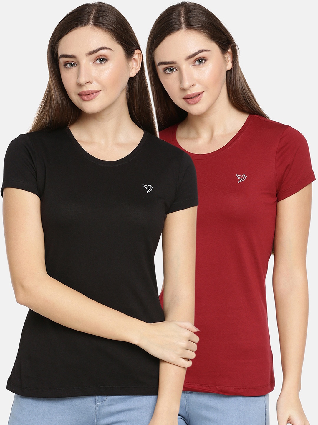 

TWIN BIRDS Women Pack Of 2 Black Maroon Solid Round Neck Pure Cotton T-shirt