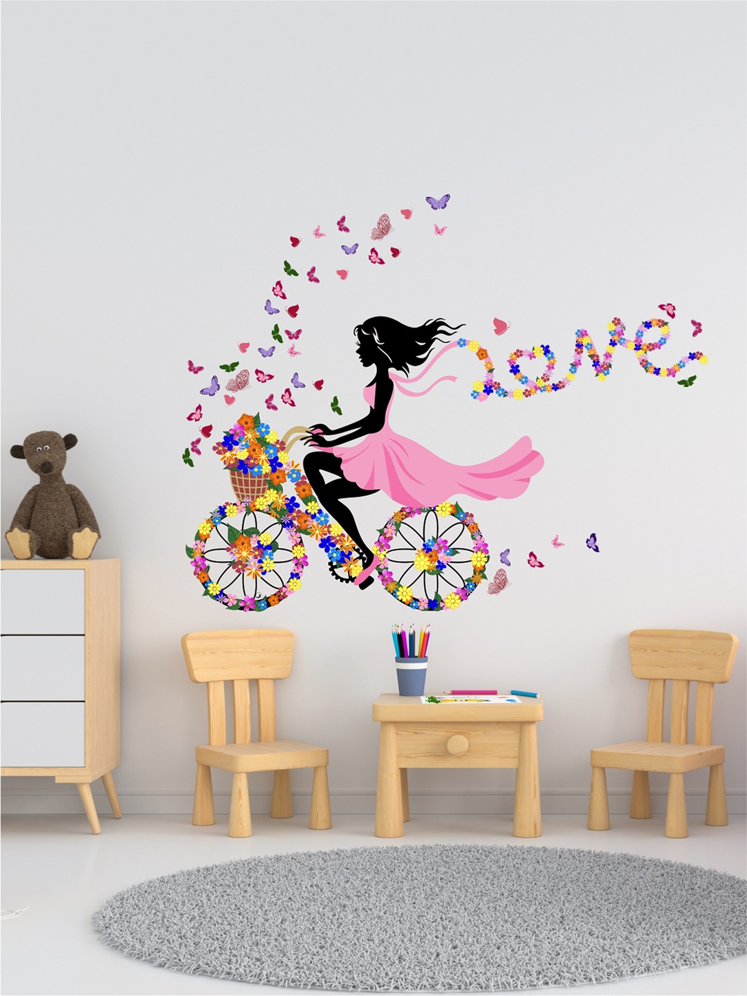 

rawpockets Multicoloured Girl with flower and Butterflies PVC Vinyl Wall Sticker, Multi