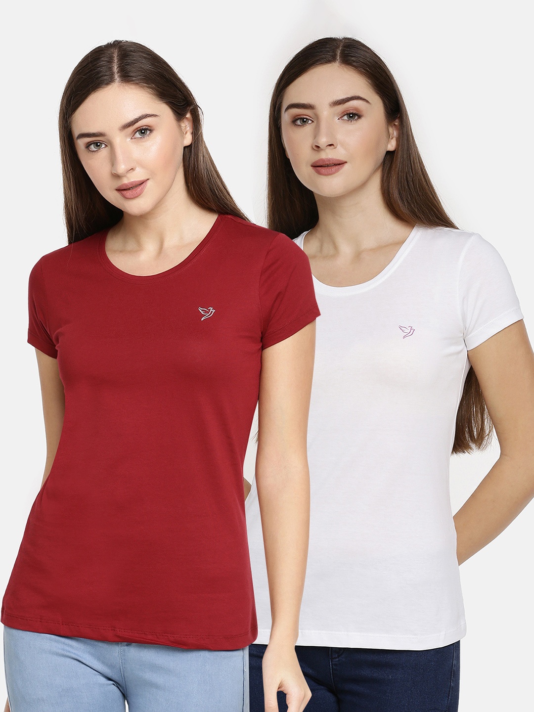 

TWIN BIRDS Women Pack Of 2 Maroon White Solid Round Neck Pure Cotton T-shirt