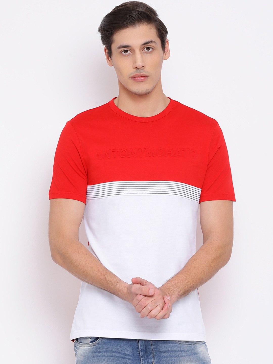 

Antony Morato Men Red White Colourblocked Round Neck Pure Cotton T-shirt