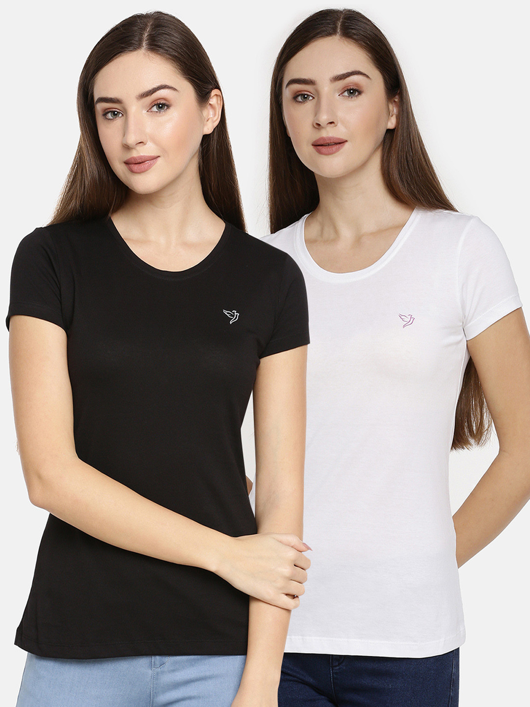 

TWIN BIRDS Women Pack Of 2 Black White Solid Round Neck Pure Cotton T-shirt