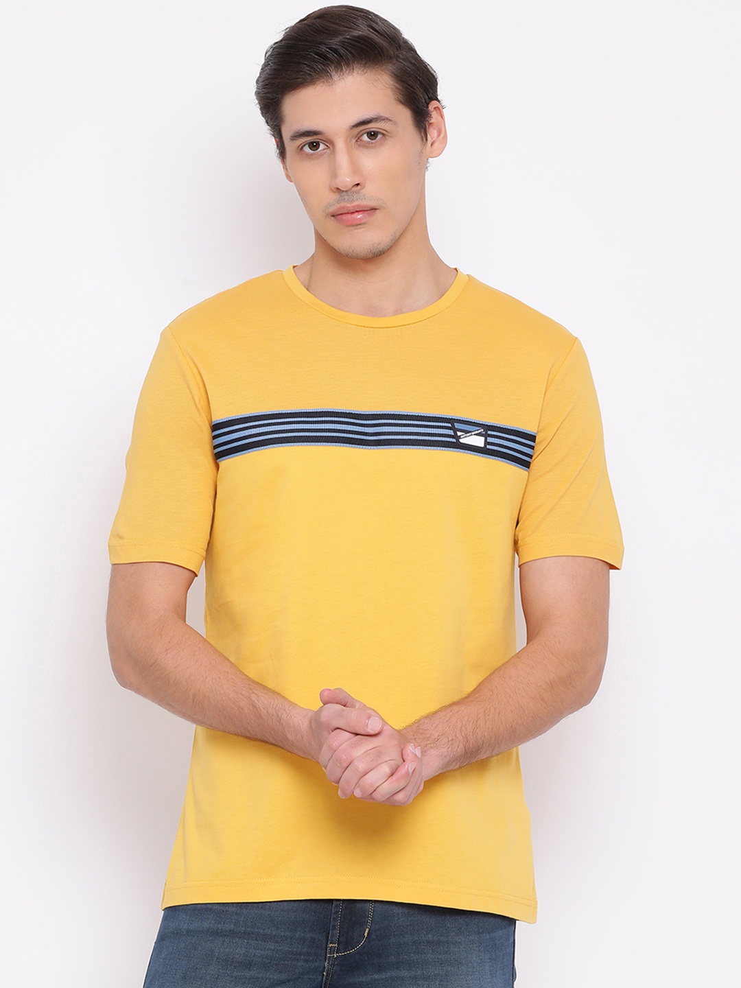 

Antony Morato Men Yellow Striped Round Neck Pure Cotton T-shirt