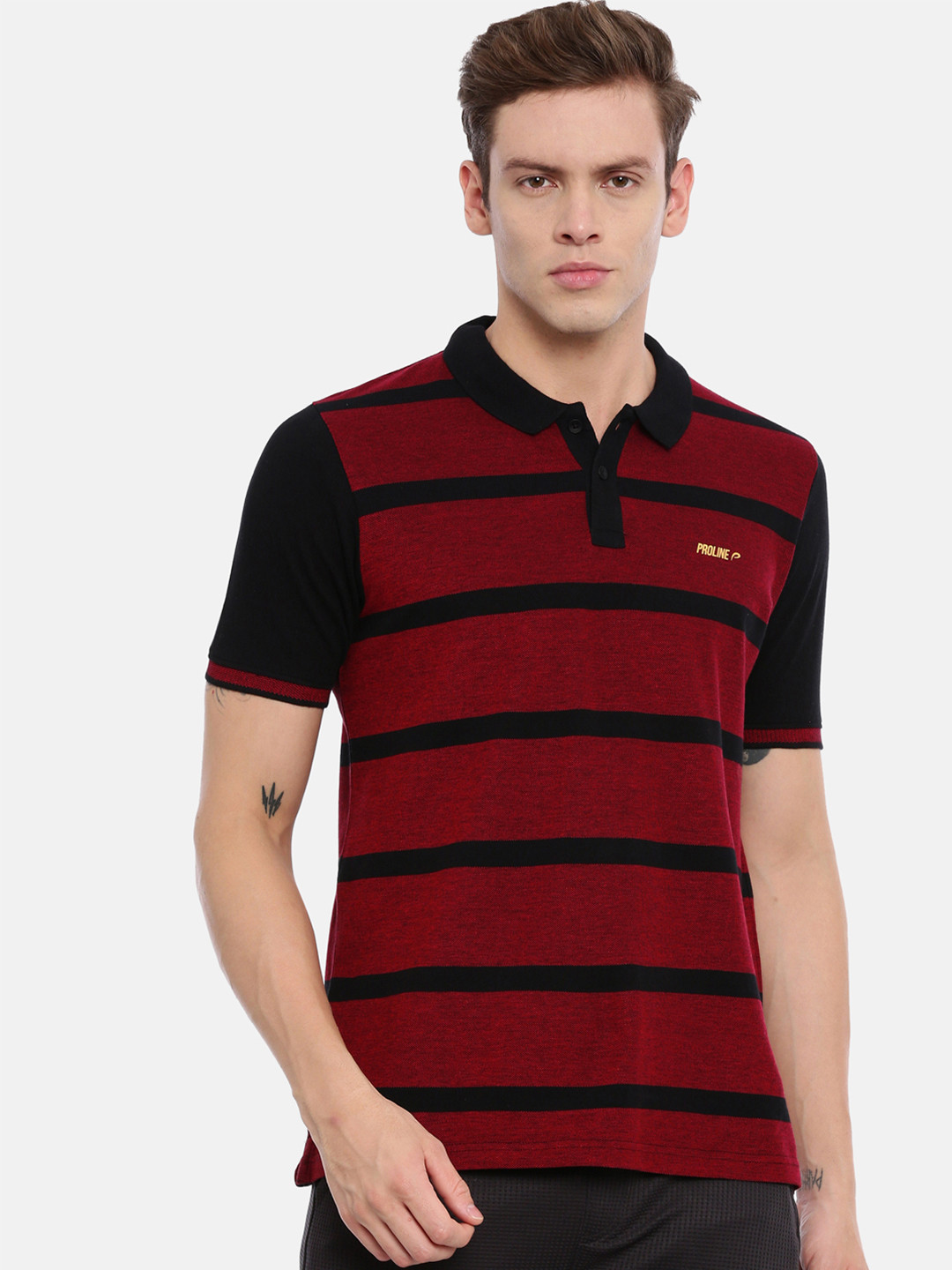 

Proline Active Men Black & Red Striped Polo Collar T-shirt