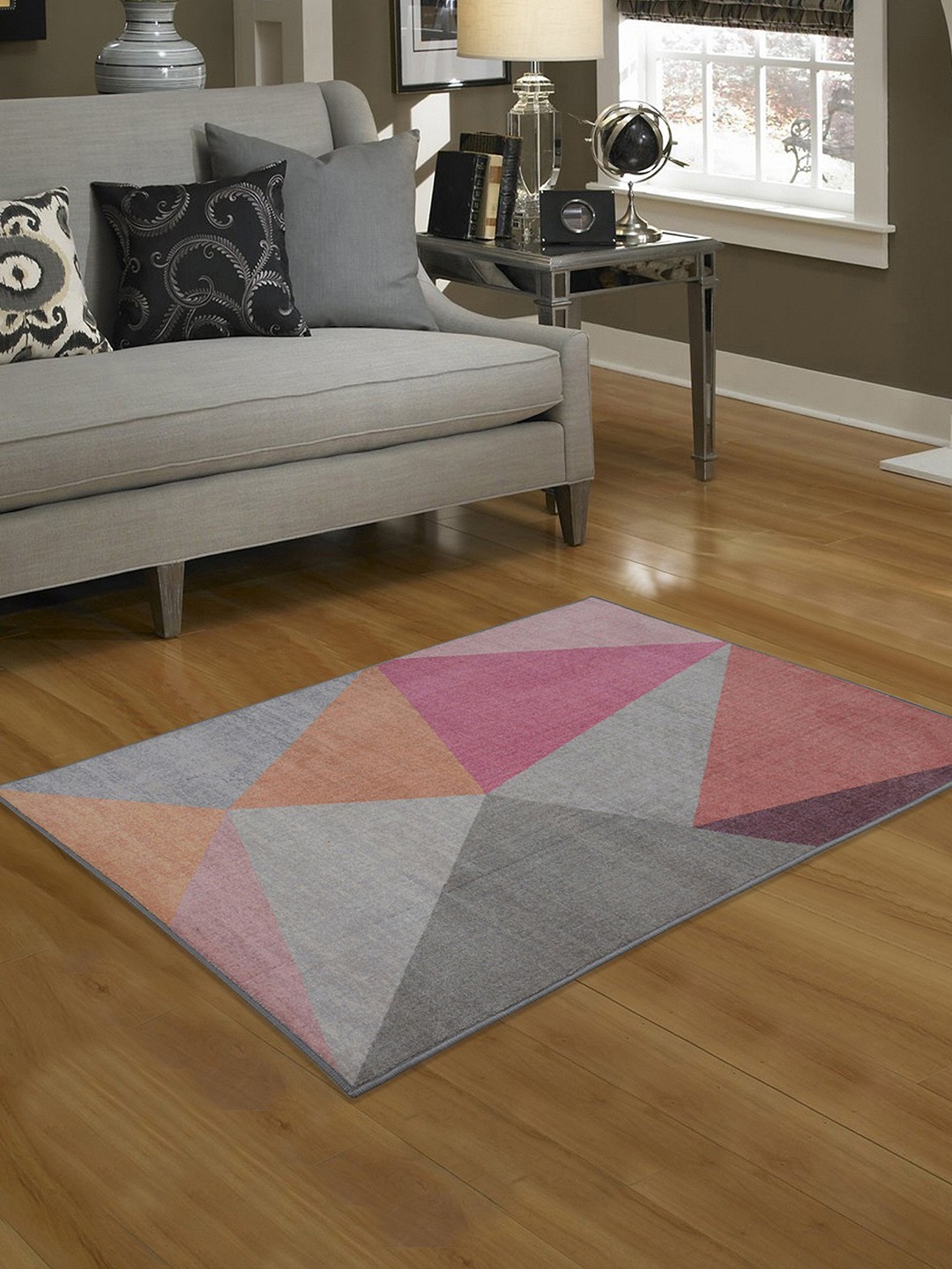 RUGSMITH Grey & Pink Geometric Patterned Premium Quality Pyramid Area Anti-Skid Rug