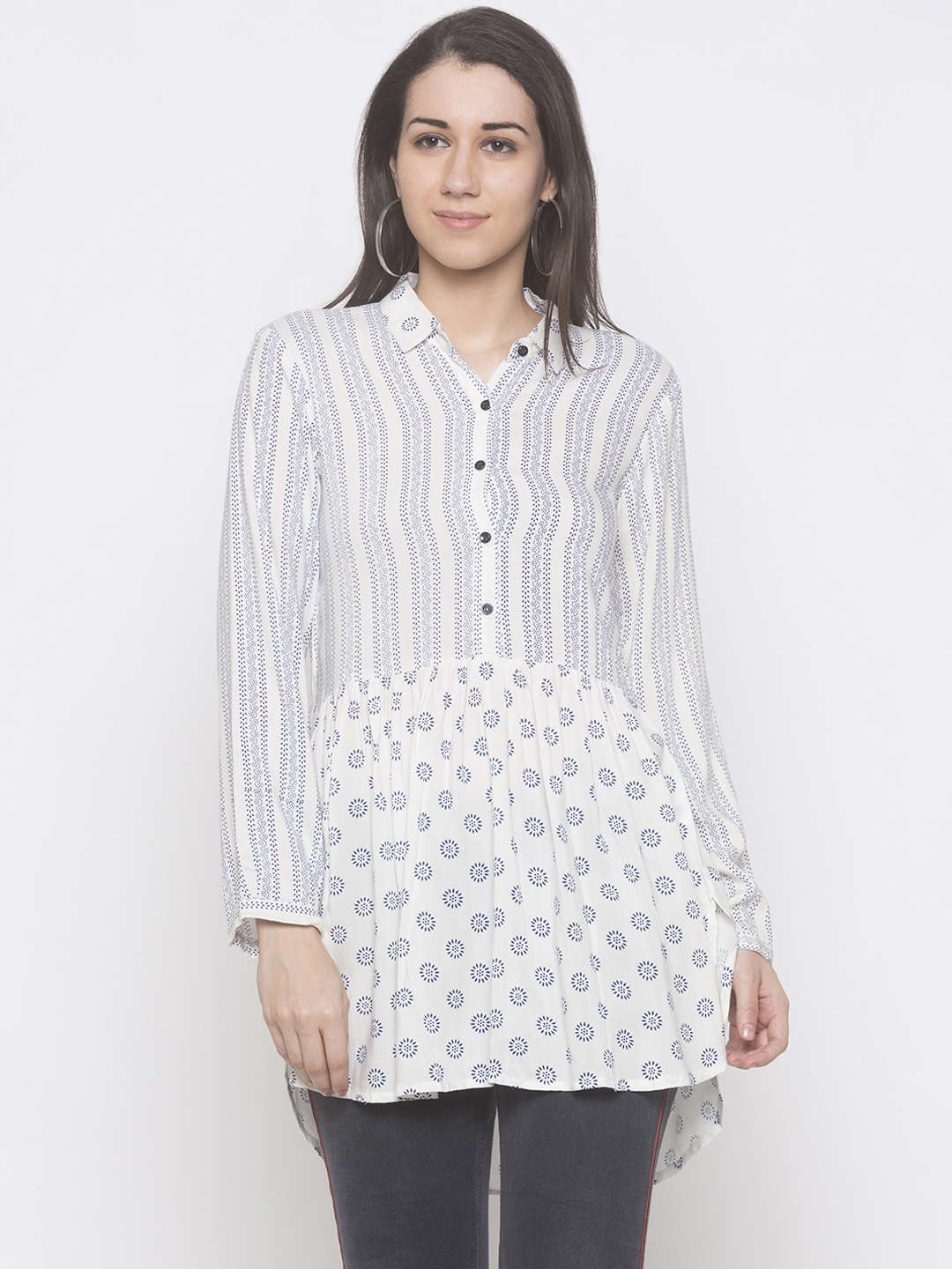 

Globus Women's White & Blue Printed Tunic