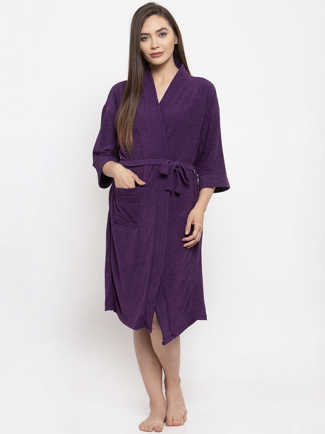ELEVANTO Women Purple Solid Bath Robe