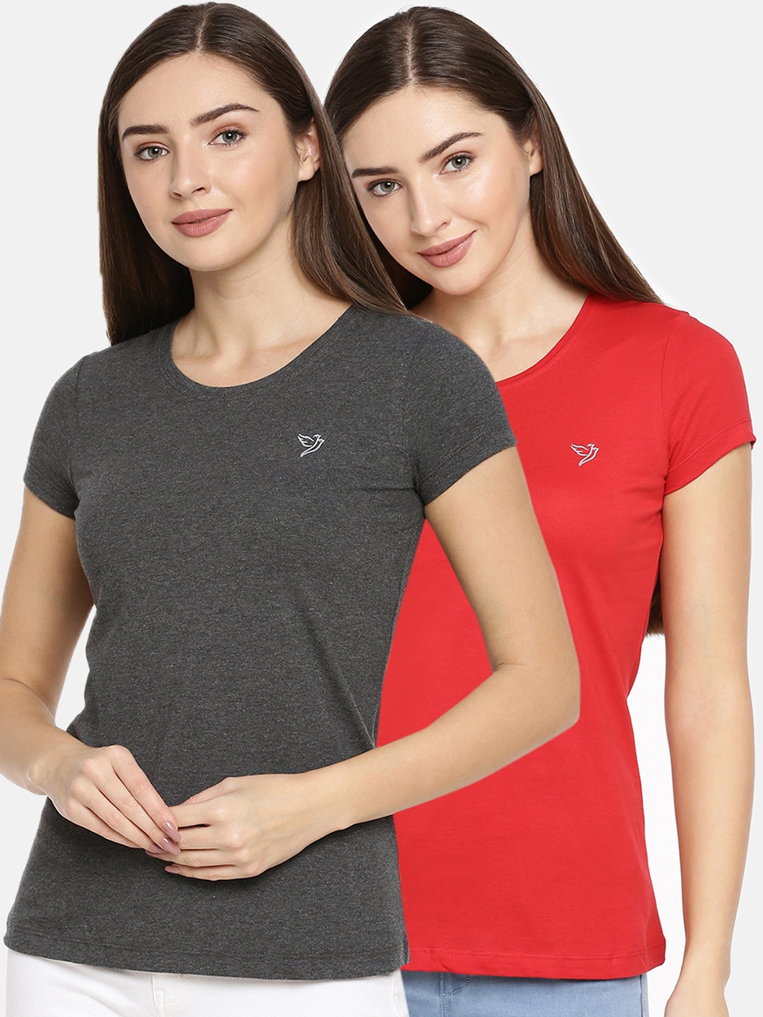 

TWIN BIRDS Women Pack of 2 Solid Round Neck T-shirts, Charcoal