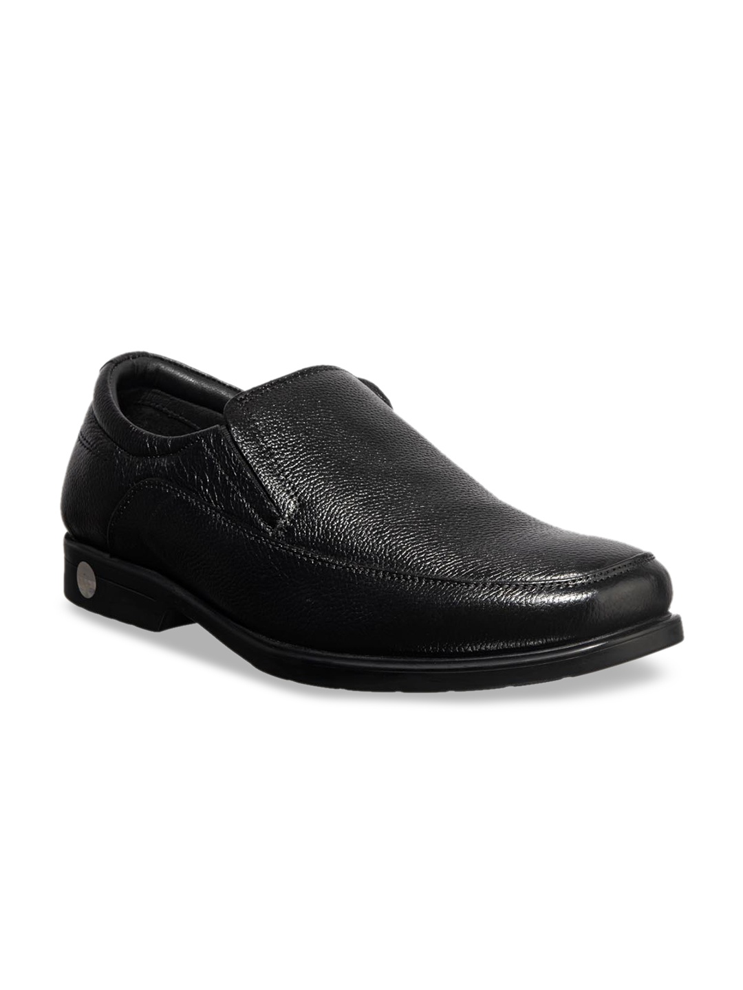 

Khadims Men Black Solid Leather British Walkers Formal Slip-Ons