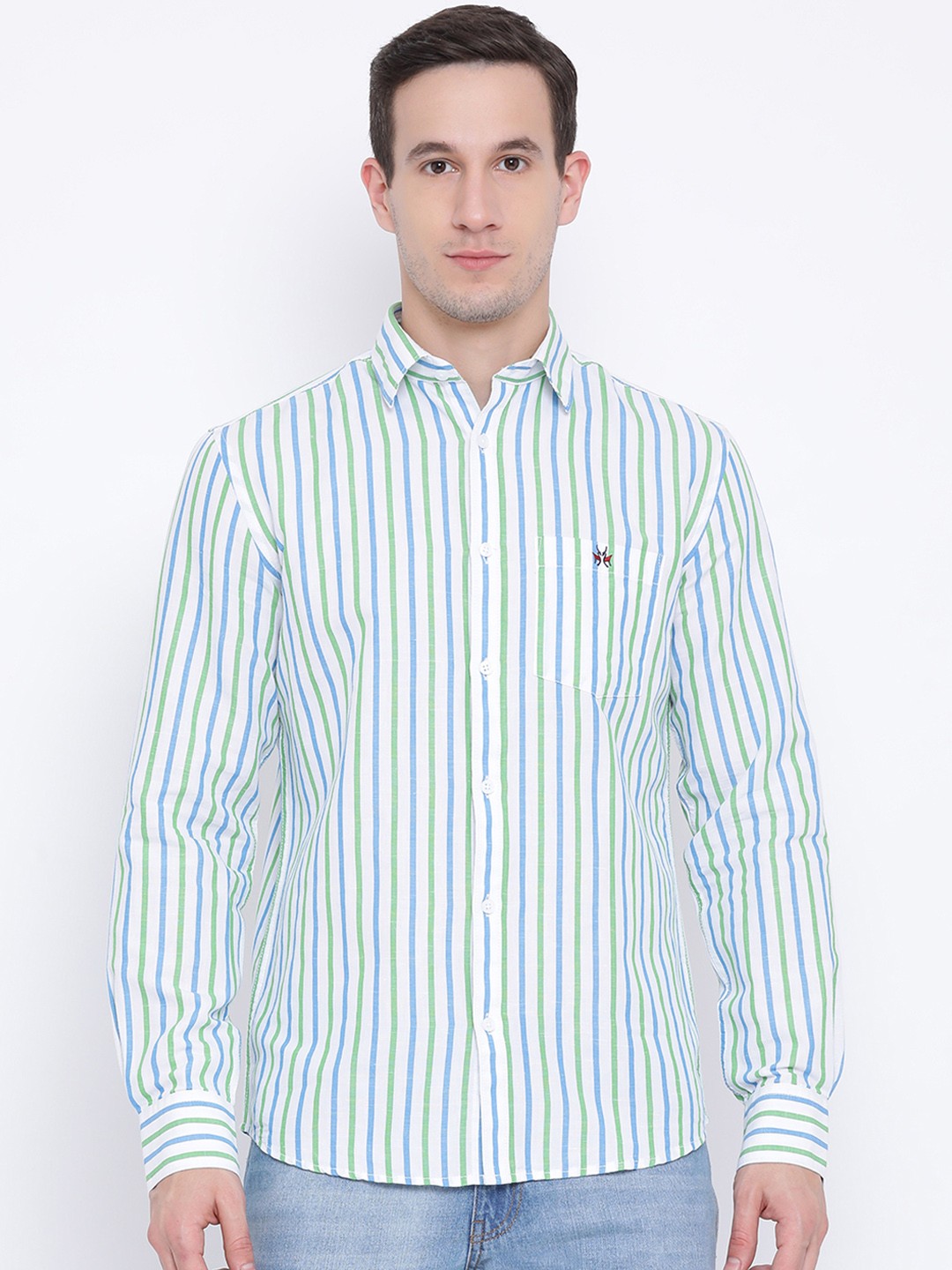 

Crimsoune Club Men Green & White Slim Fit Striped Casual Shirt
