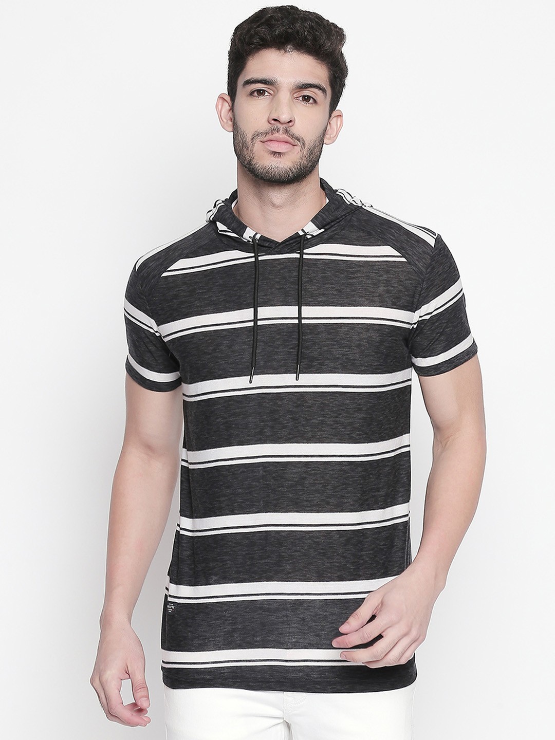 

Mufti Men Black Striped Hooded T-shirt