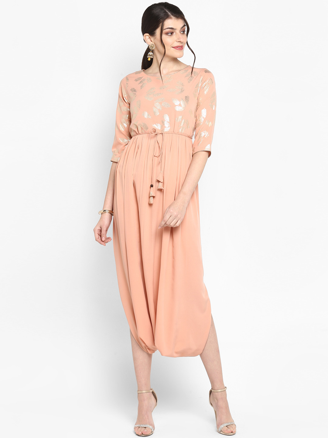 

Janasya Women Peach-Coloured & Silver-Toned Printed A-Line Kurta