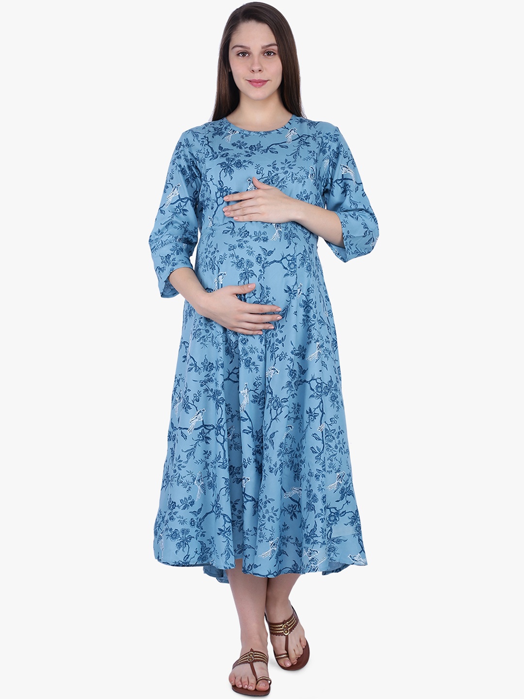 

MomToBe Women Blue Printed Maternity & Feeding Fit and Flare Sustainable Dress