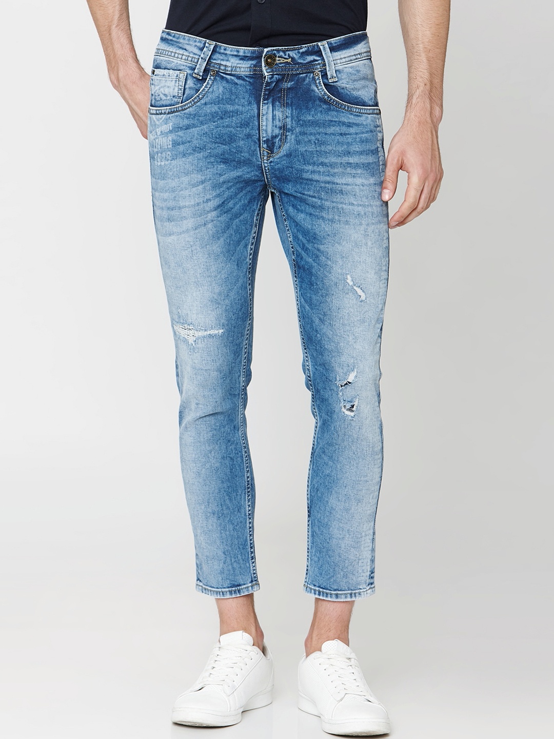 

Mufti Men Blue Slim Fit Mid-Rise Low Distress Stretchable Jeans