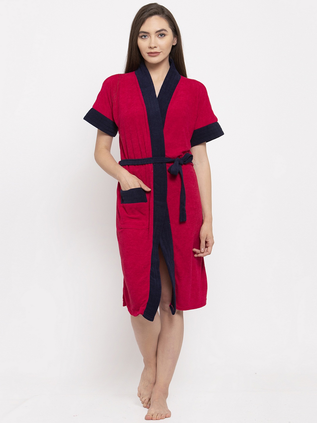 

ELEVANTO Women Fuchsia Pink & Navy Blue Colourblocked Bath Robe