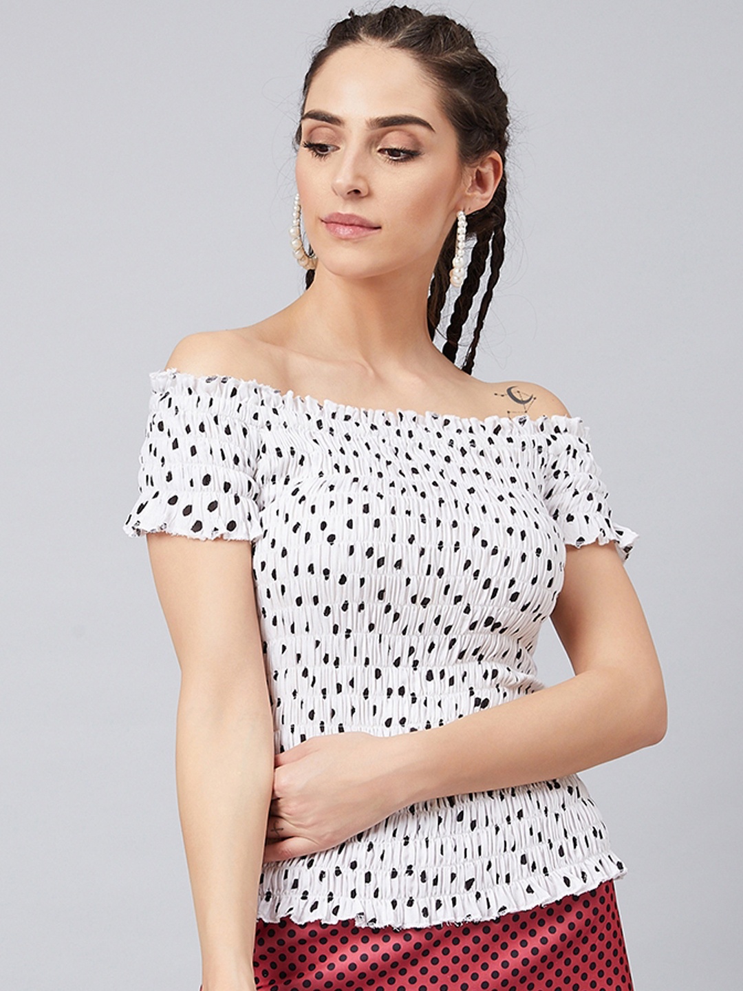 

Athena Women White Printed Off-Shoulder Pure Cotton Top