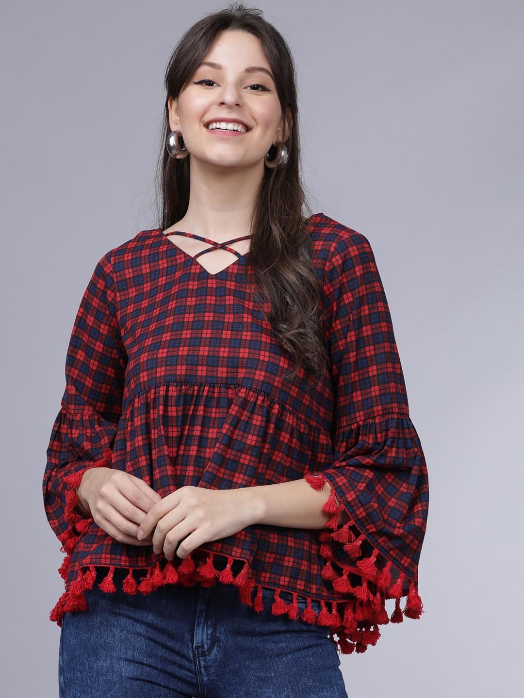 

Tokyo Talkies Women Red Checked A-Line Top