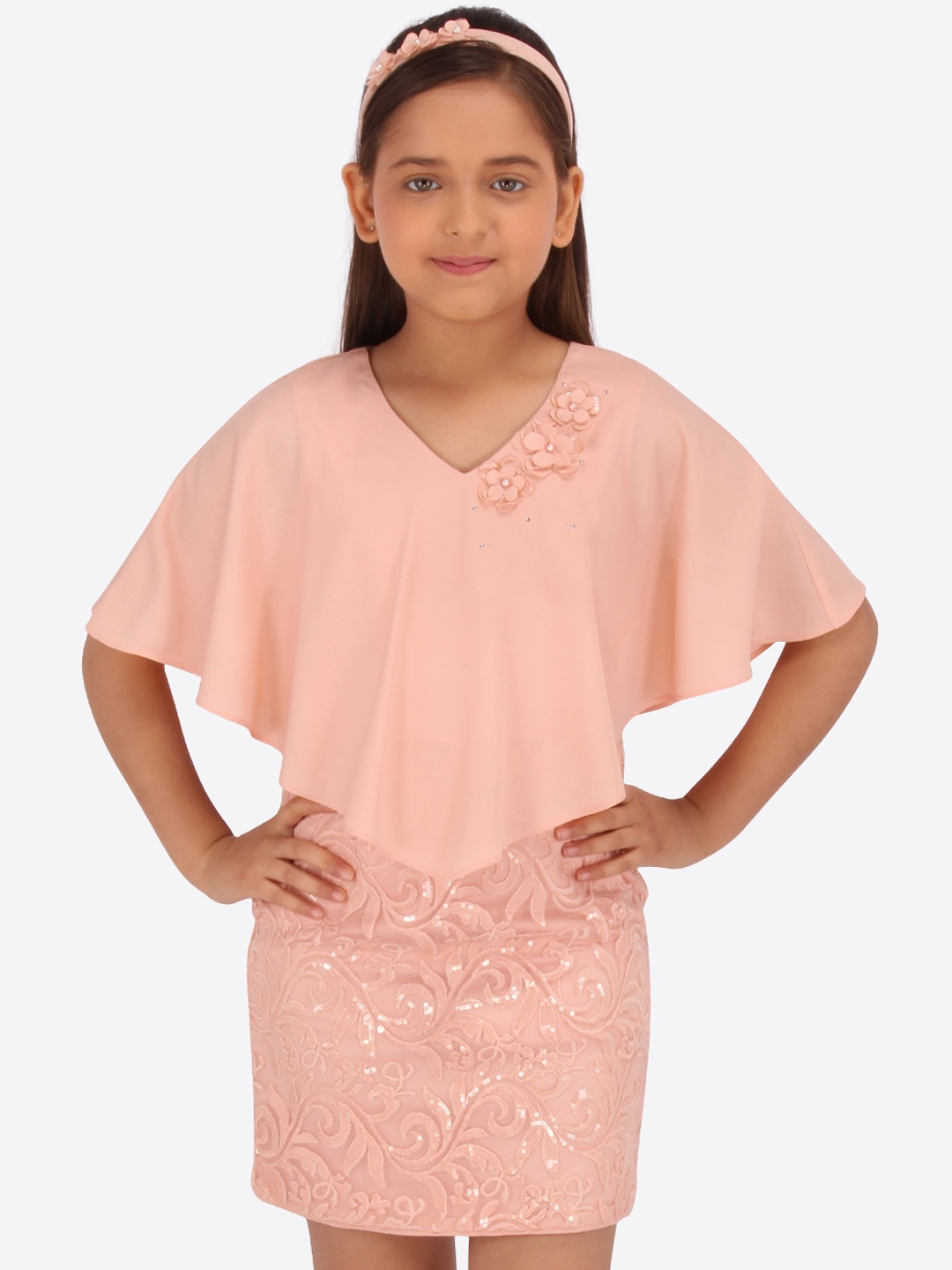 

CUTECUMBER Girls Peach-Coloured Sequined Wrap Dress, Orange