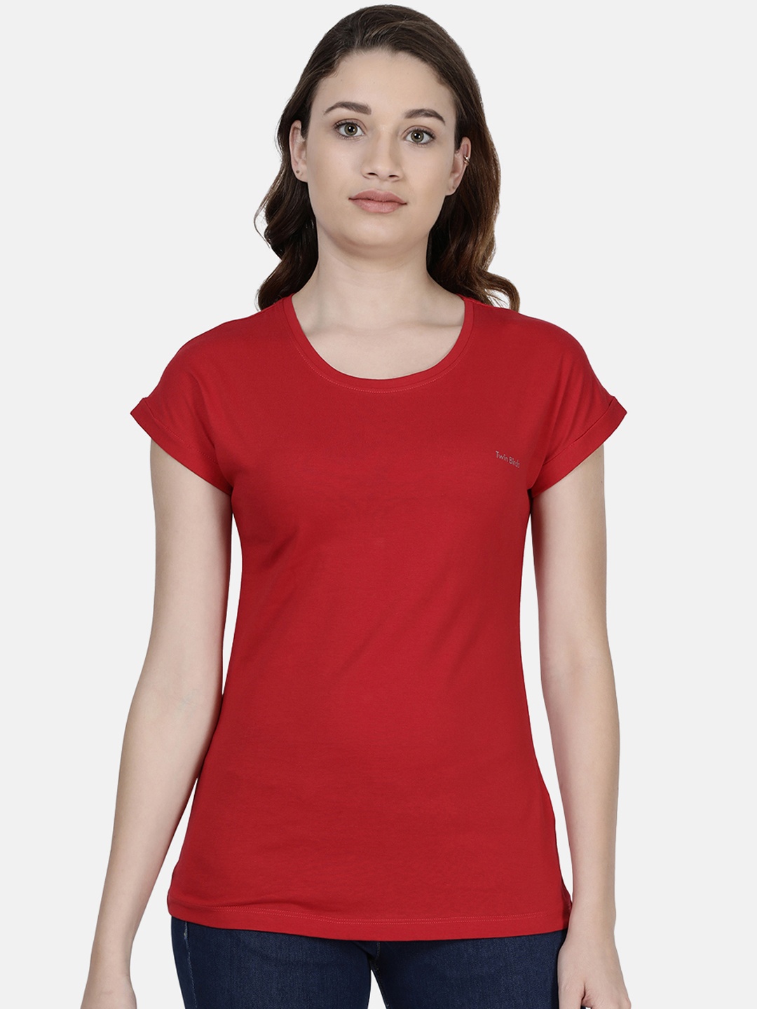

TWIN BIRDS Women Red Solid Round Neck Pure Cotton T-shirt