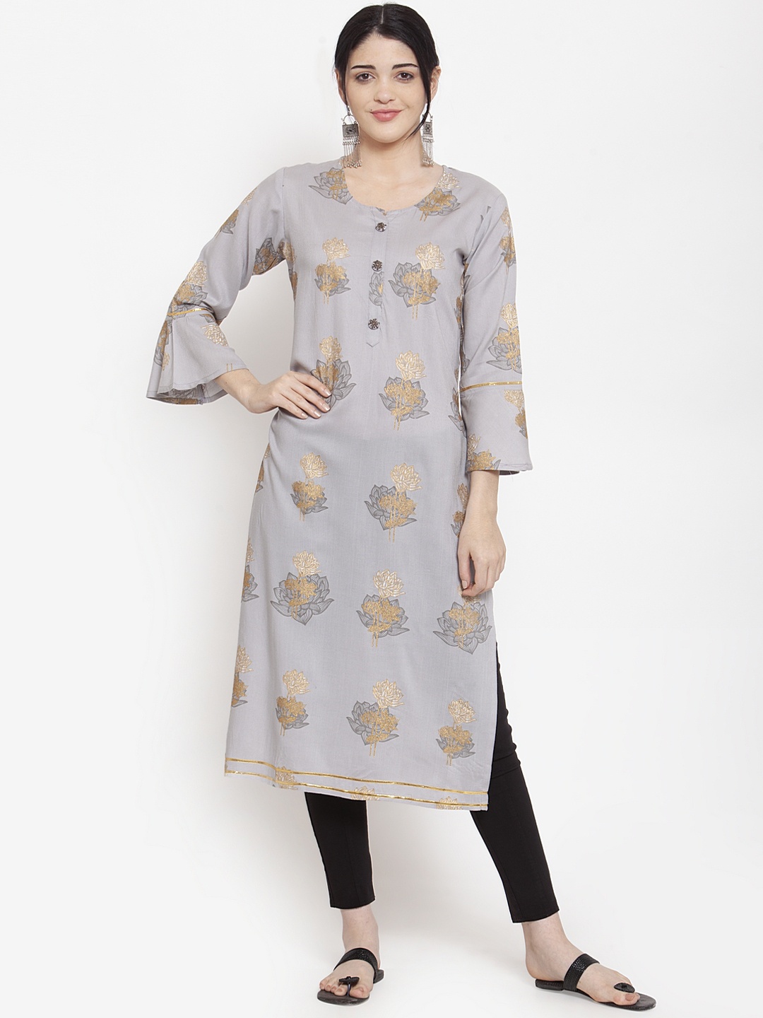 

ANAISA Women Grey Printed Straight Kurta
