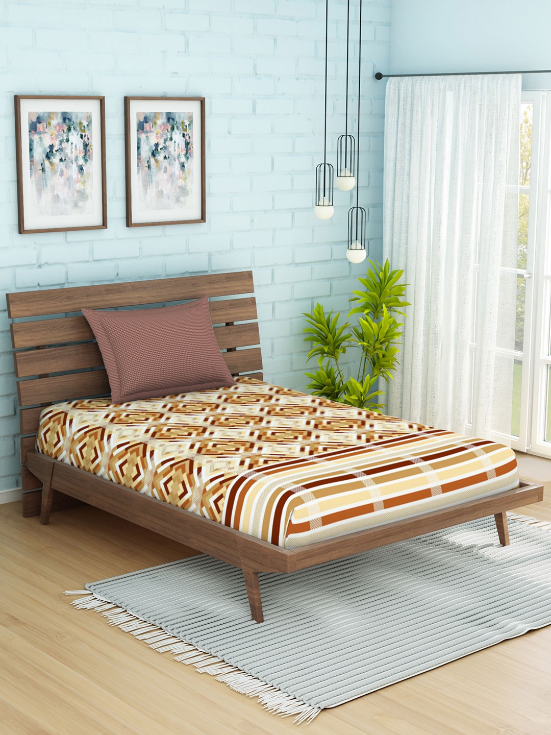 

SPACES Brown & Beige Geometric 144 TC Cotton 1 Single Bedsheet with 1 Pillow Cover