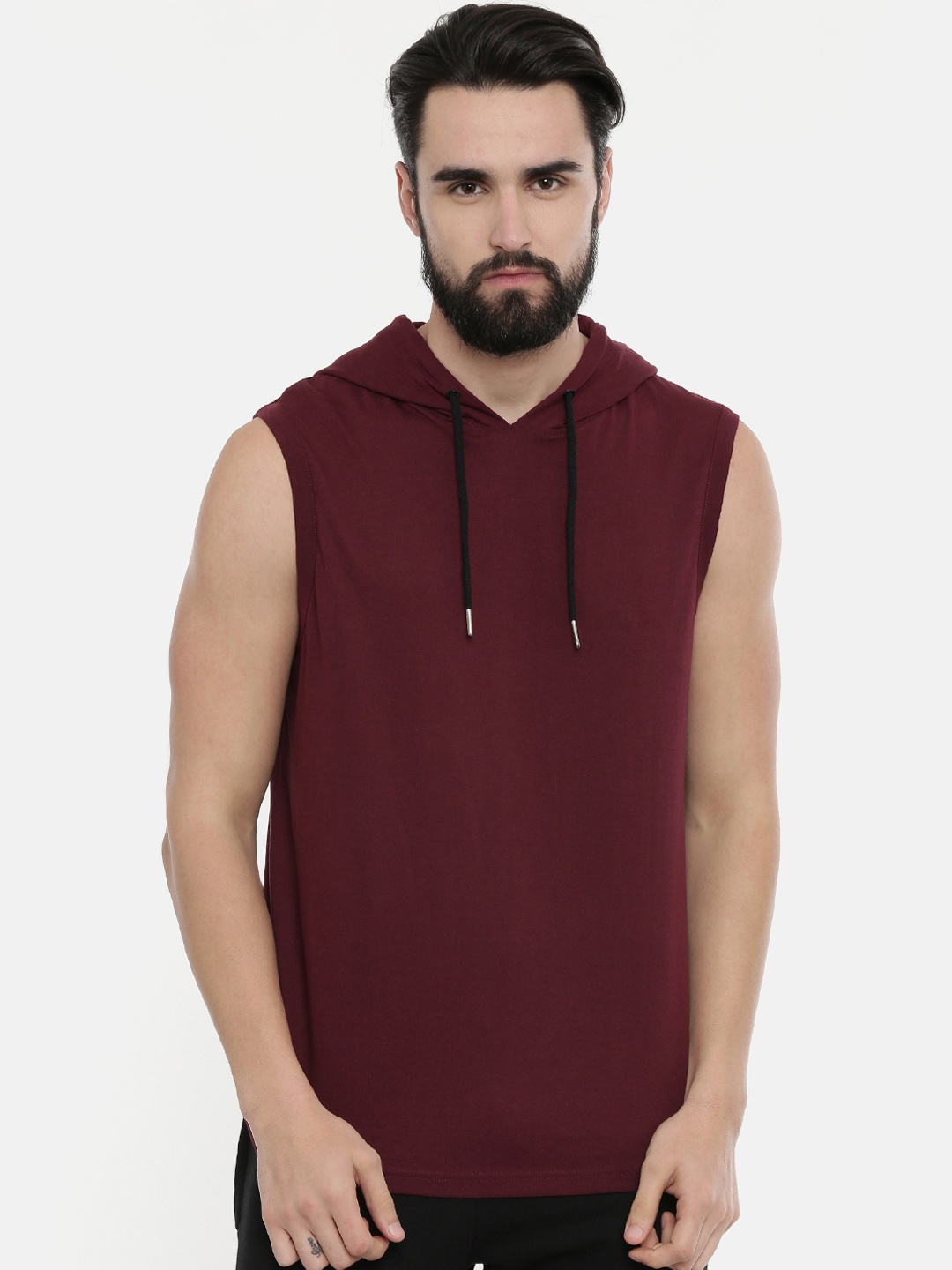 

Bushirt Men Maroon Solid Hood Pure Cotton T-shirt