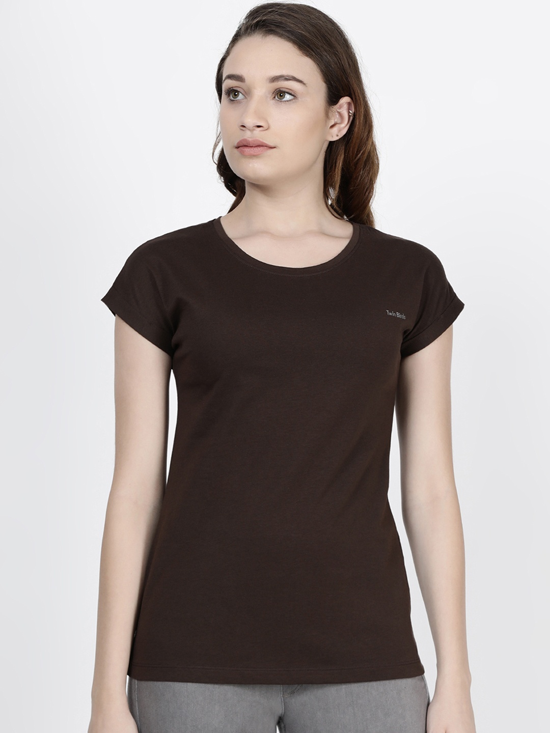 

TWIN BIRDS Women Brown Solid Round Neck Pure Cotton T-shirt
