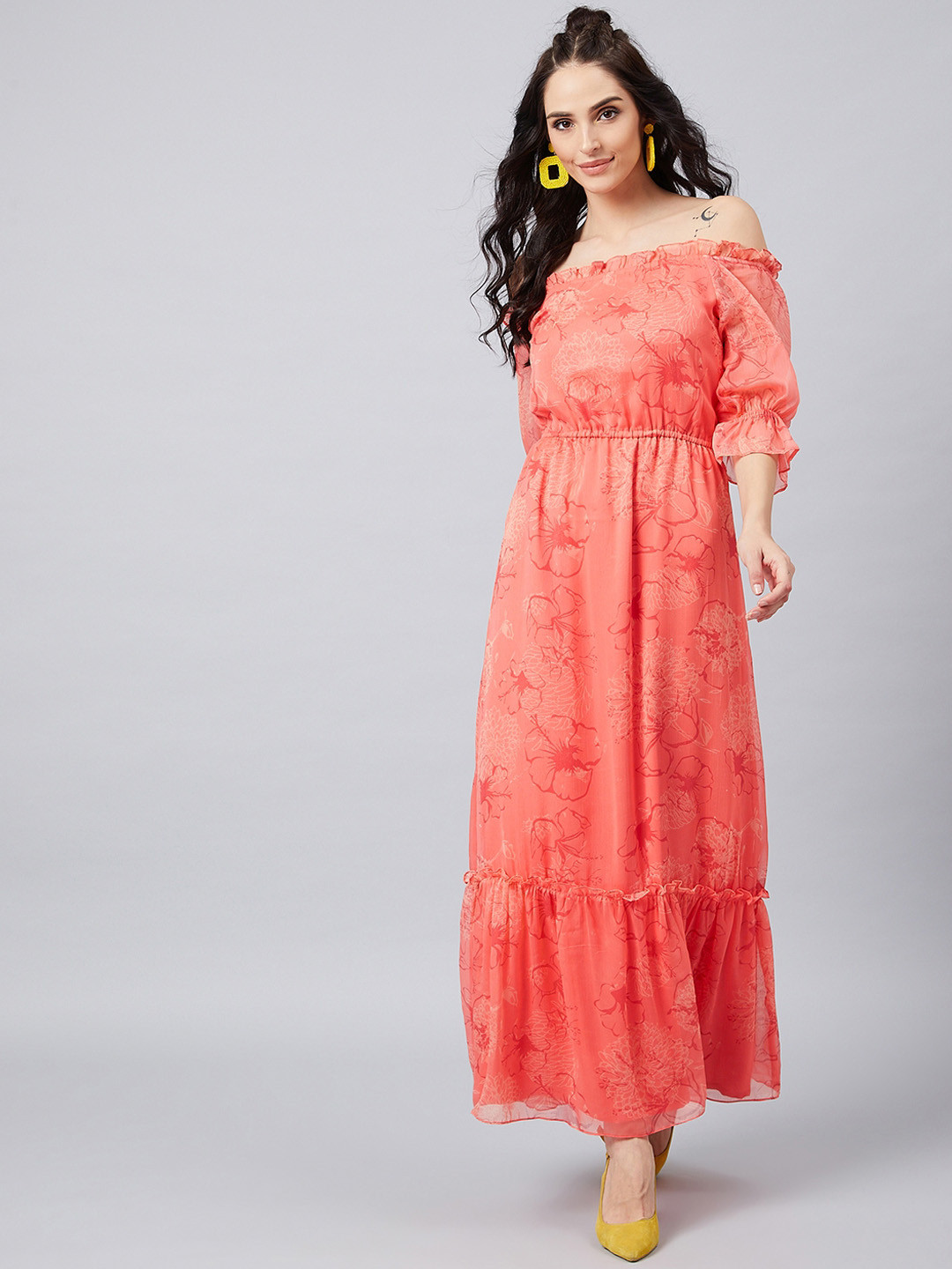 

Athena Women Peach-Coloured Floral Printed Maxi Dress