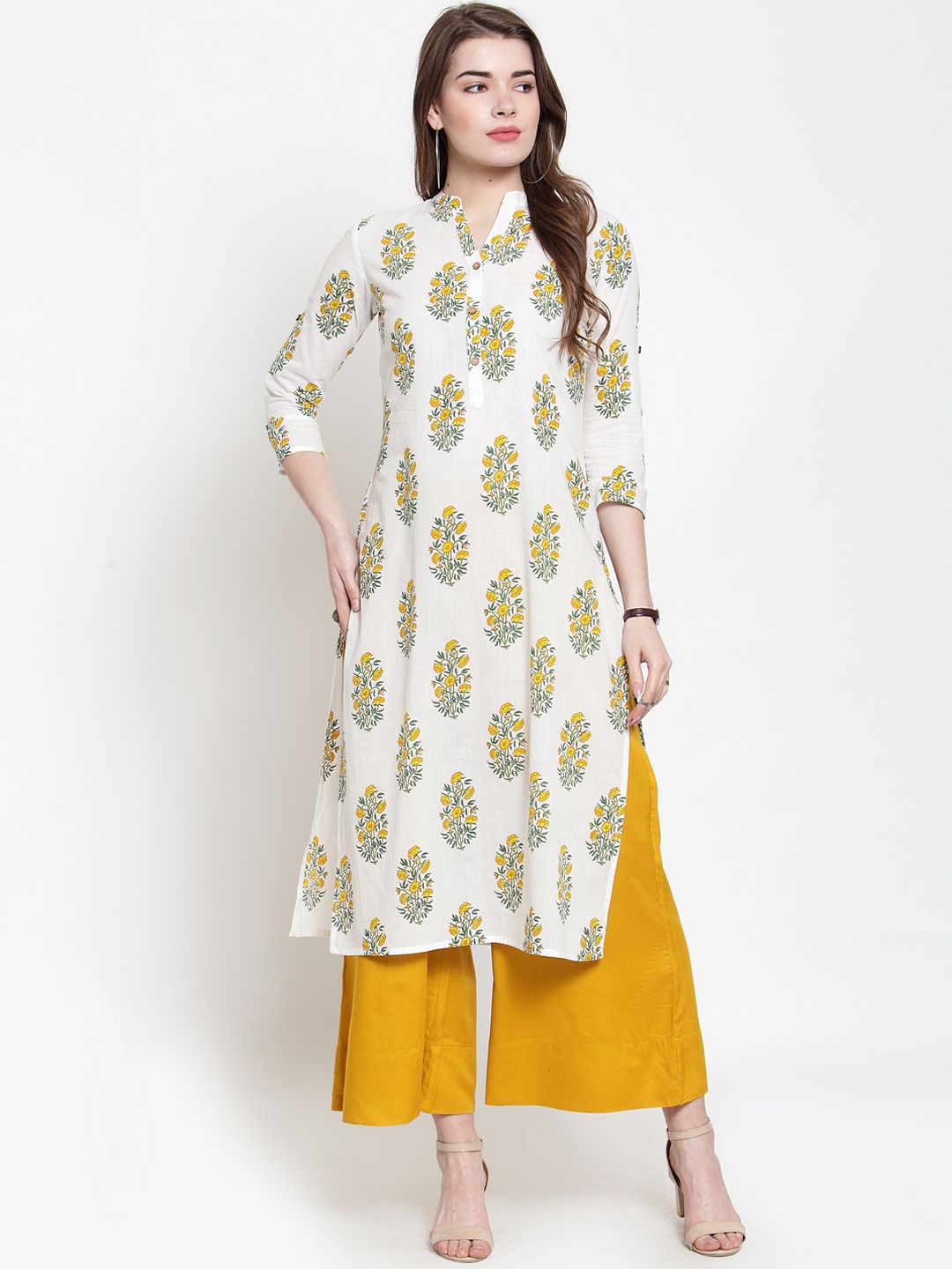 

Varanga Women White & Yellow Printed Straight Kurta