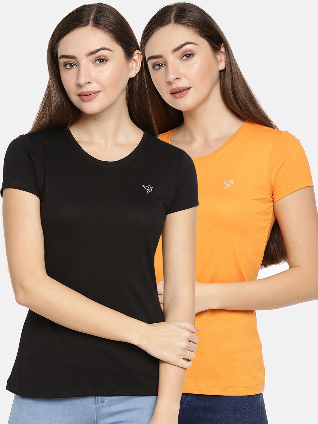

TWIN BIRDS Women Pack of 2 Solid Round Neck Pure Cotton T-shirt, Black