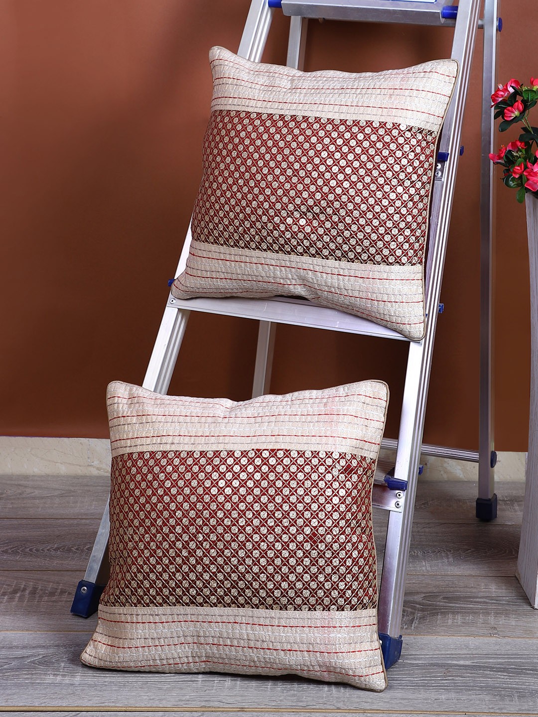 

eyda Beige & Maroon Set of 2 Embellished Square Cushion Covers