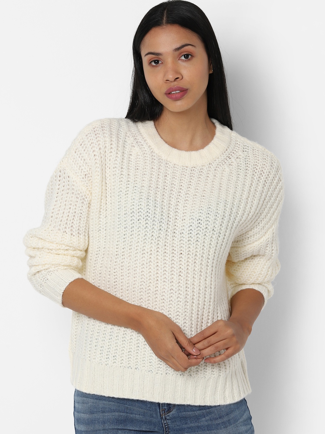 

AMERICAN EAGLE OUTFITTERS Women Off-White Self Design Pullover Sweater