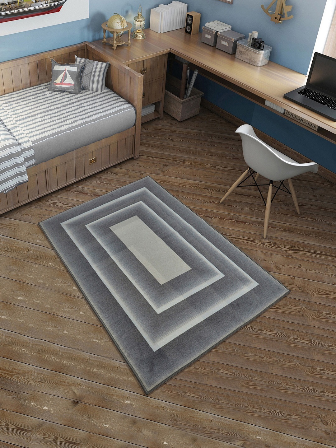 RUGSMITH Grey Premium Quality Geometrical Pattern Anti-Skid Rectangle Carpet