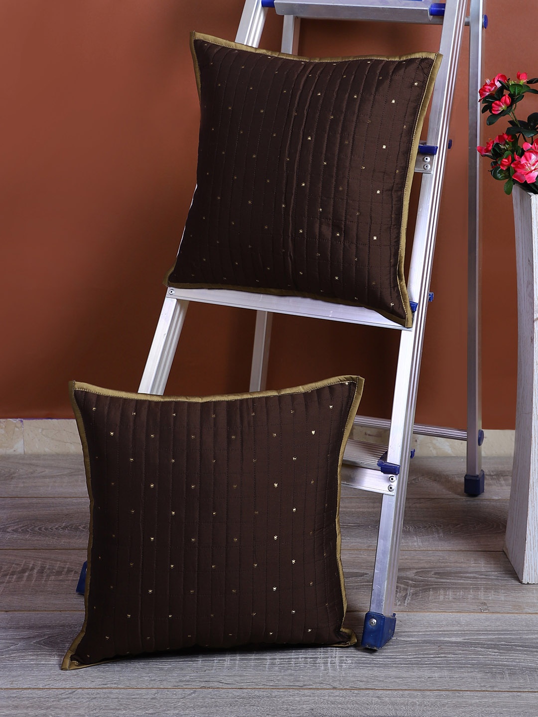 

eyda Coffee Brown Set of 2 Embellished Square Cushion Covers
