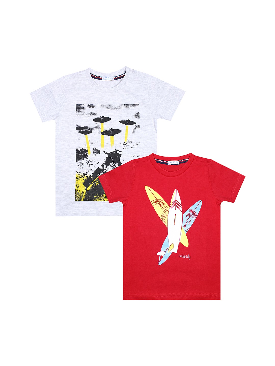 

Luke Lilly Boys Pack of 2 Printed Round Neck Pure Cotton T-shirt, Red