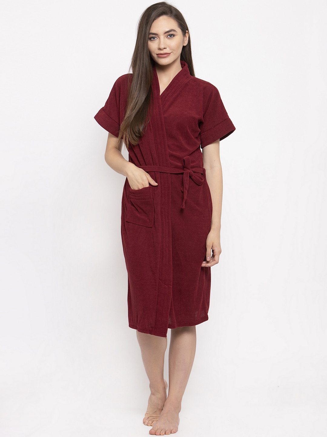 

ELEVANTO Women Maroon Solid Bath Robe