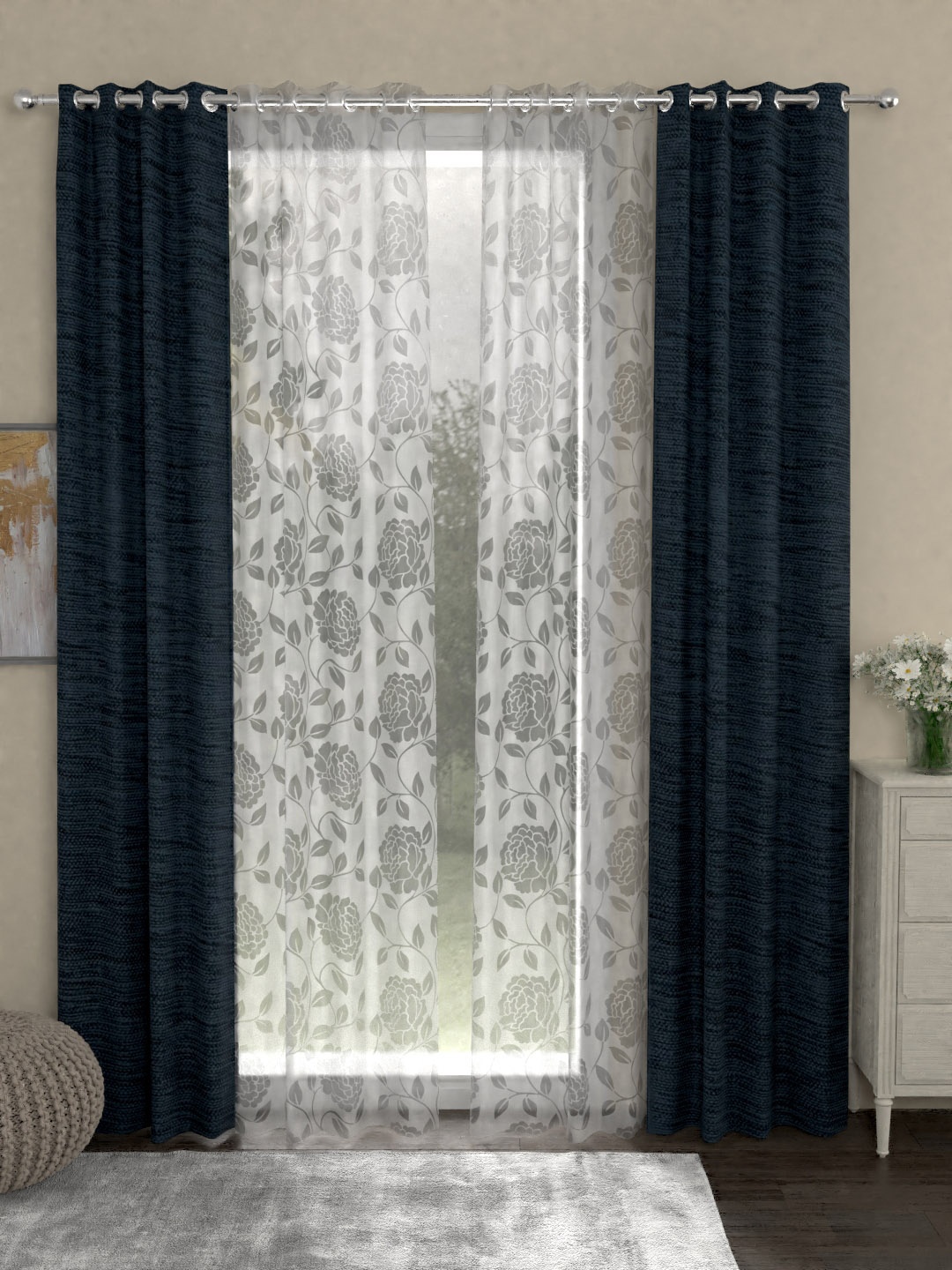 

ROSARA HOME Navy Blue & Transparent Set of 4 Door Curtains