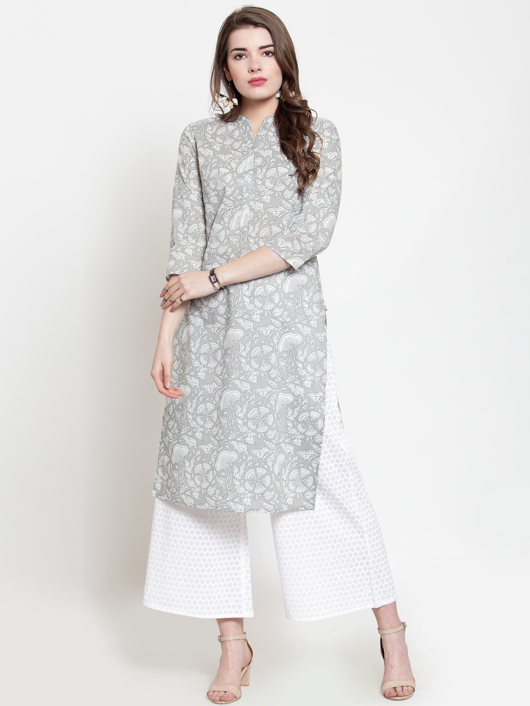 

Varanga Women Grey & White Printed Straight Kurta