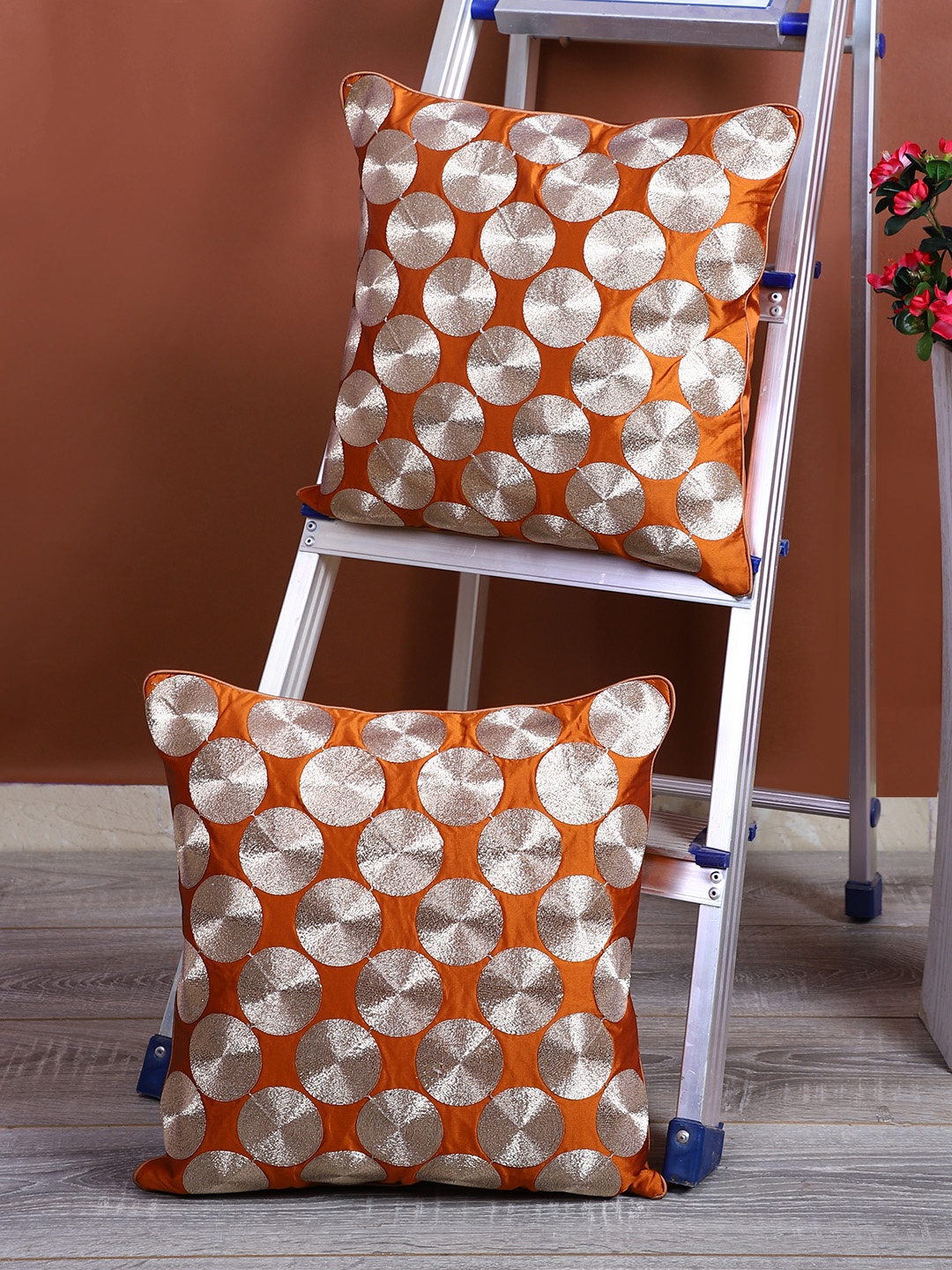 

eyda Orange & Silver-Coloured Set of 2 Embroidered Square Cushion Covers