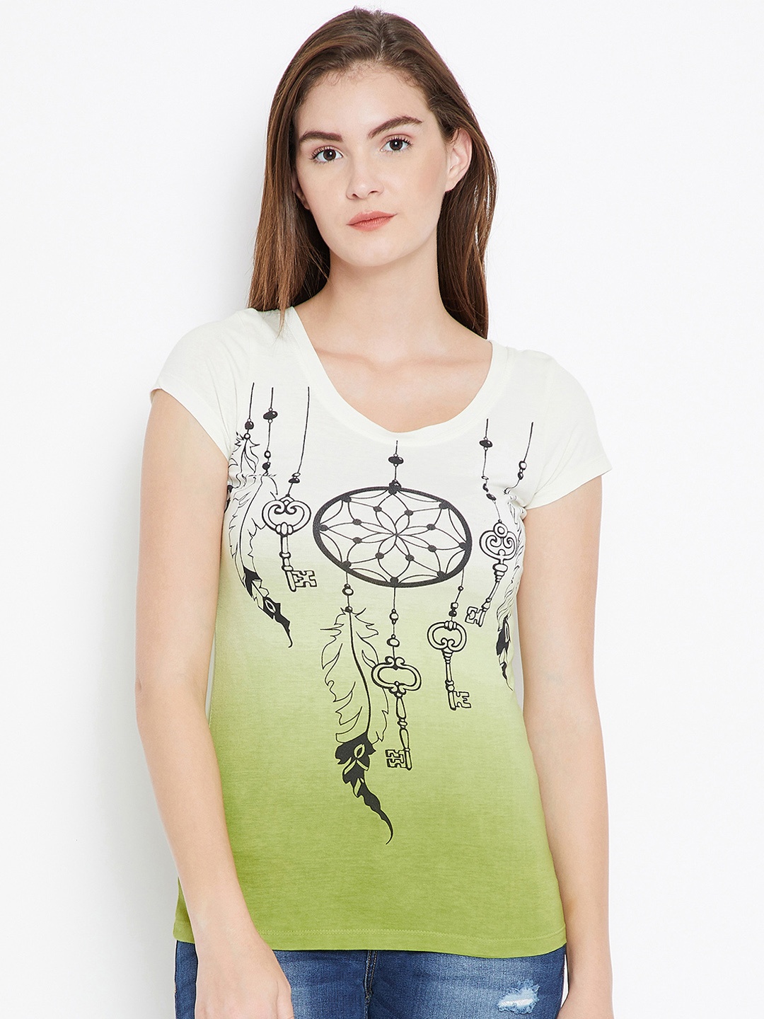 

PUNK Women Green Printed Round Neck T-shirt