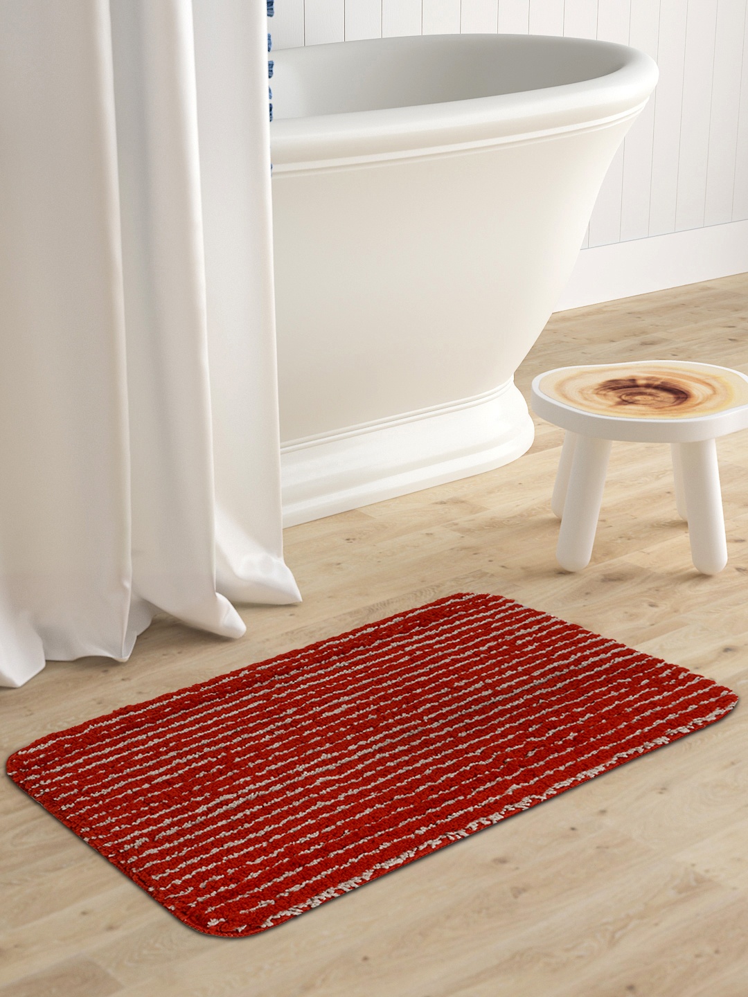 

Saral Home Red & Grey Striped Furry Soft Anti Skid Bathmat