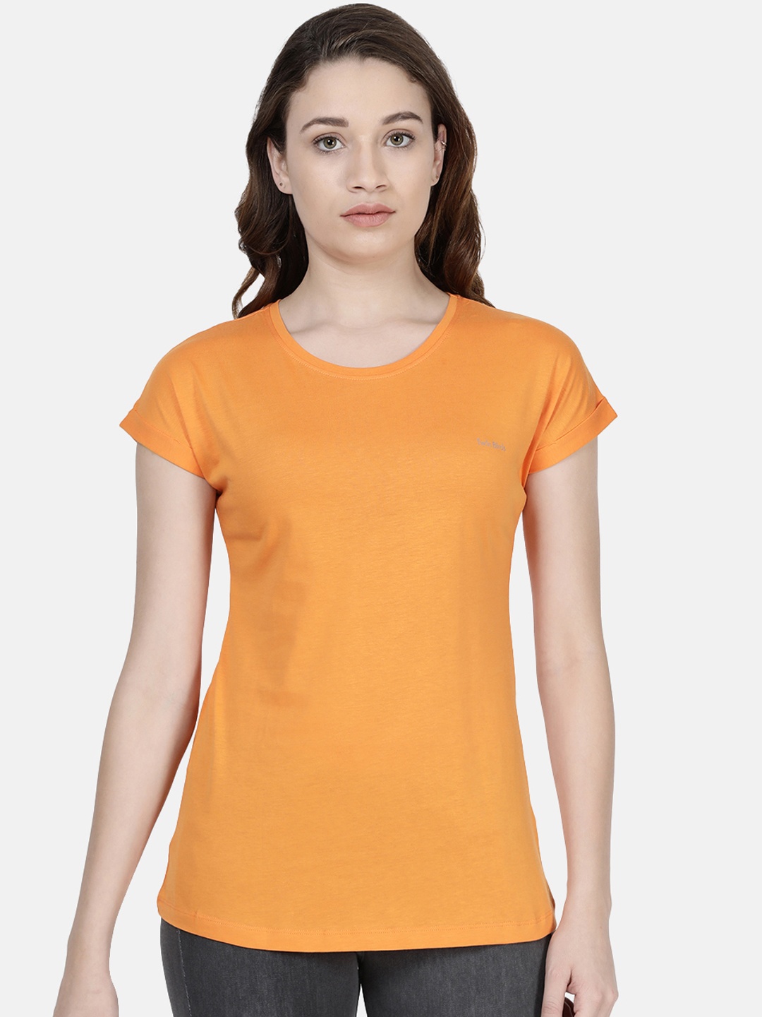 

TWIN BIRDS Women Orange Solid Round Neck Pure Cotton T-shirt