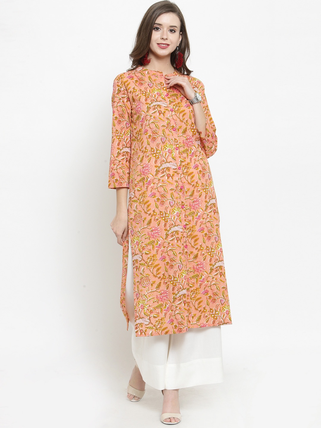 

Varanga Women Peach-Coloured & Green Printed Straight Kurta