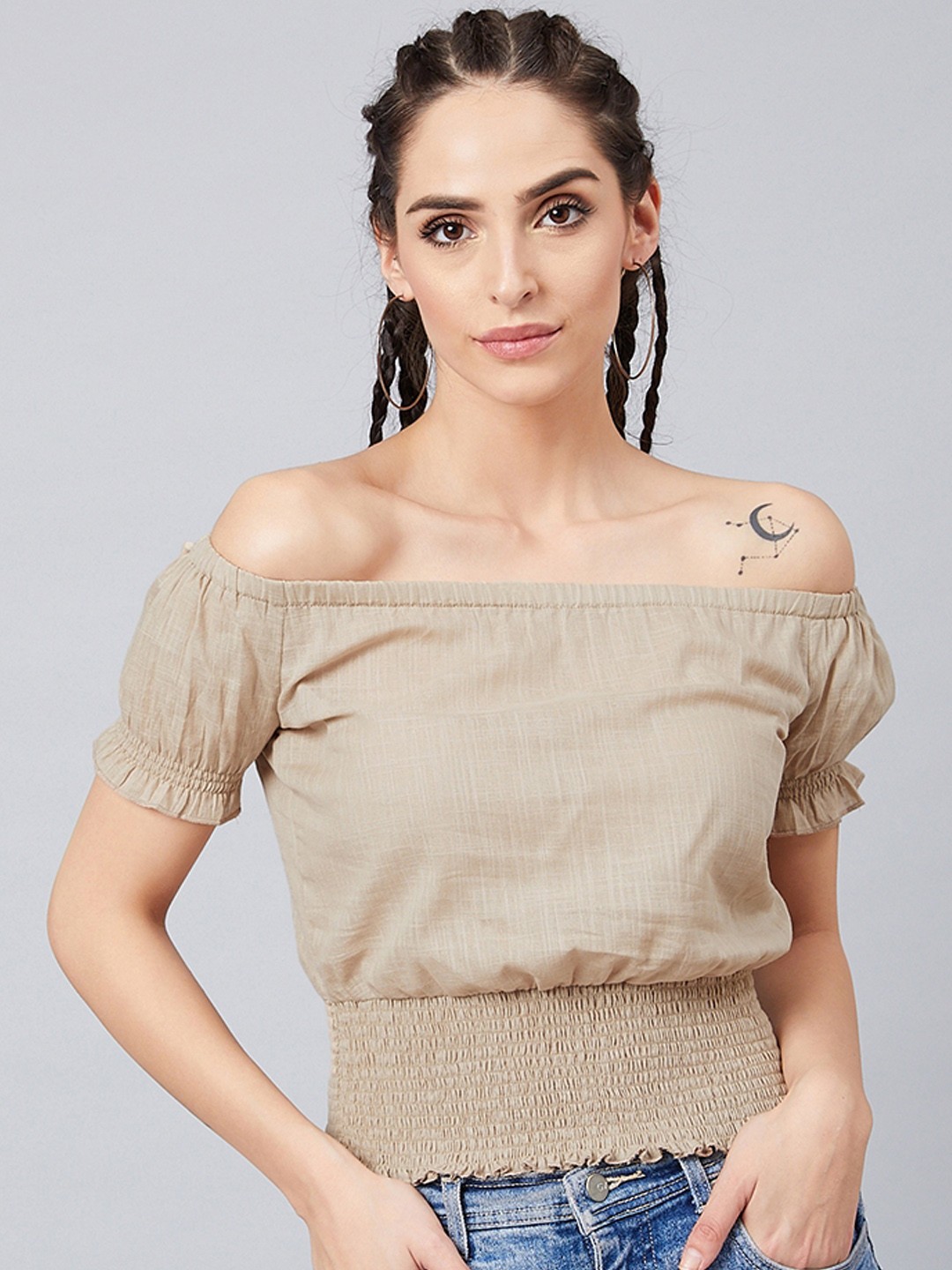 

Athena Women Beige Solid Bardot Pure Cotton Top