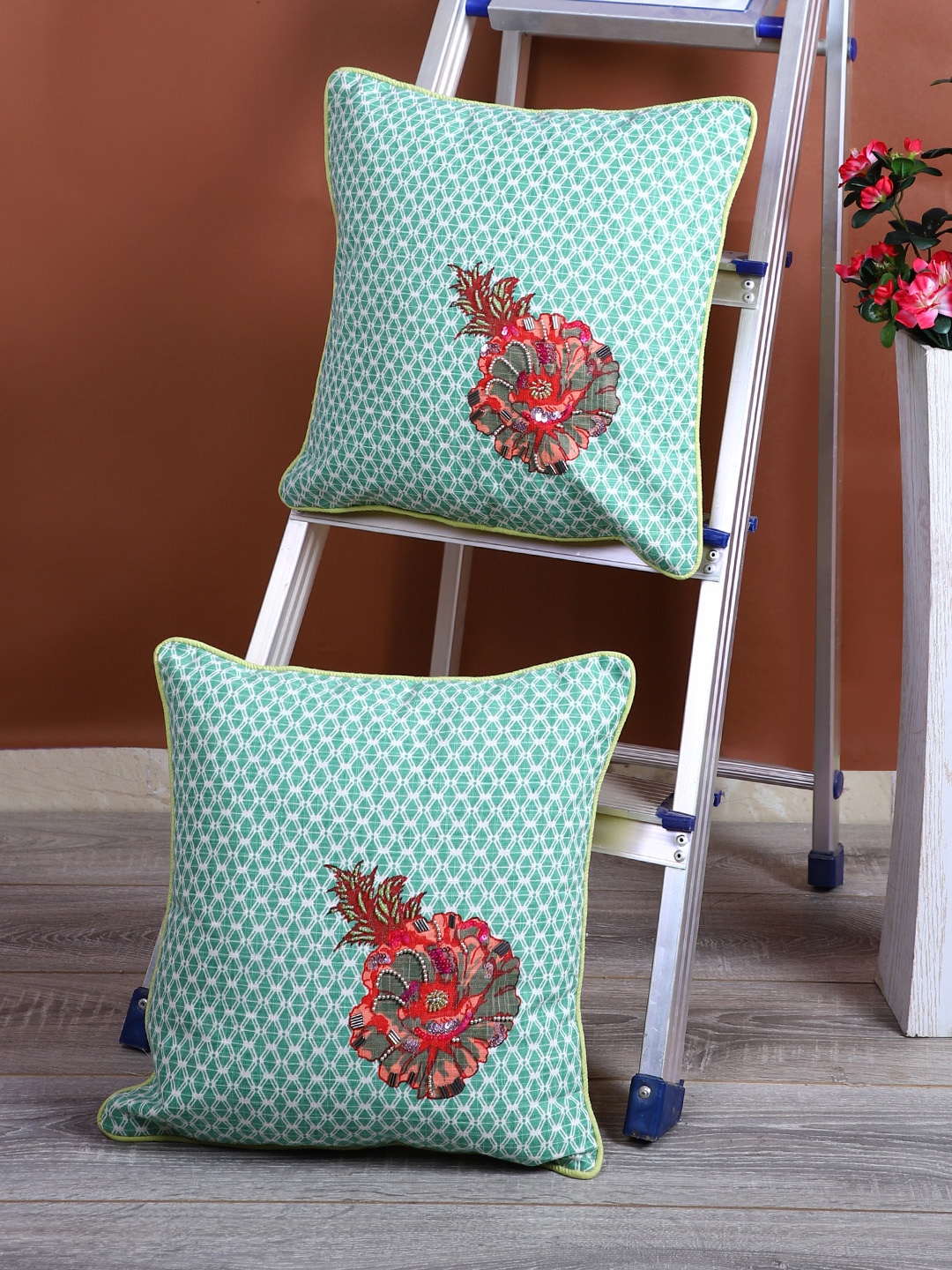 

eyda Sea Green & White Set of 2 Embellished Square Cushion Covers