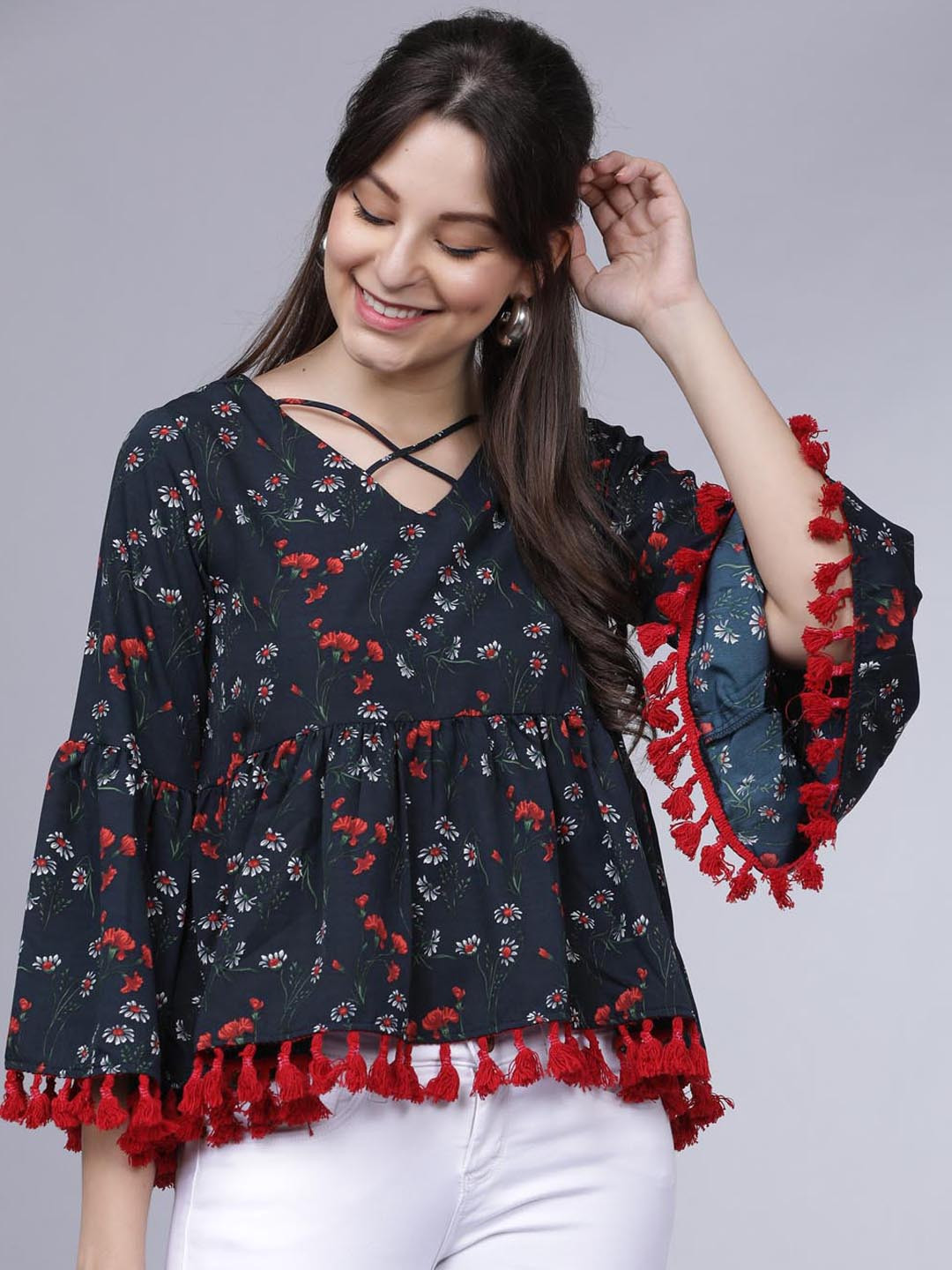 

Tokyo Talkies Women Navy Blue & Red Printed A-Line Top