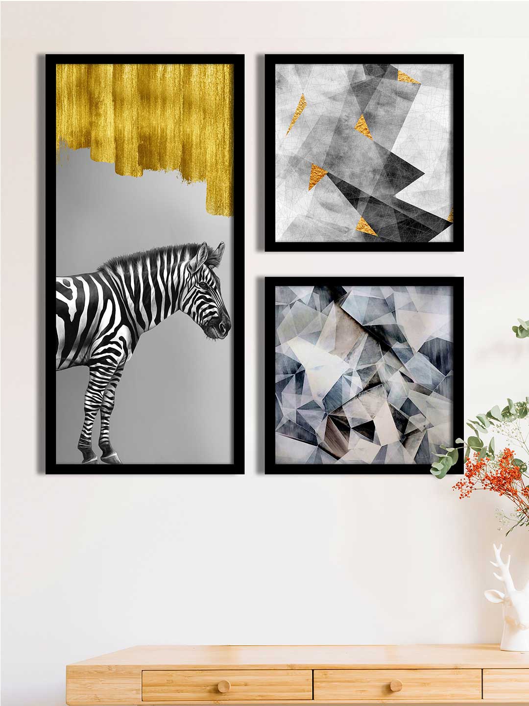 

Art Street Set Of 3 Yellow & Grey Zebra Printed Framed Wall Art