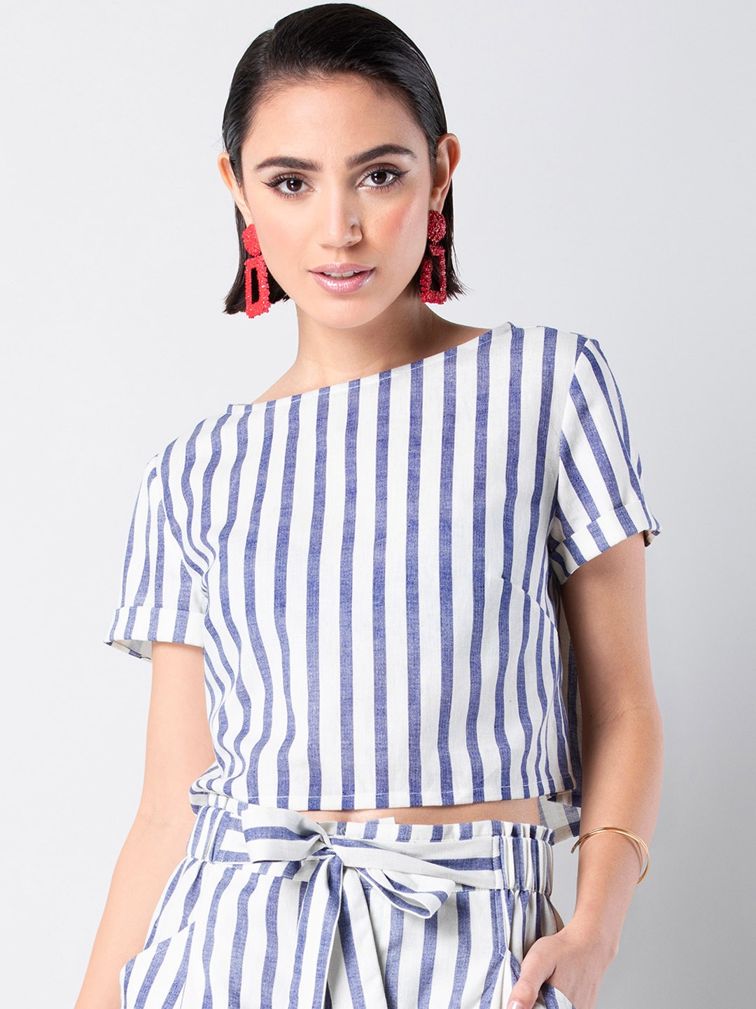 

FabAlley Women Blue & White Striped Crop Top