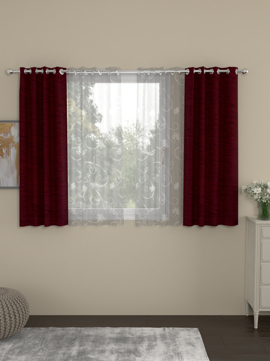 

ROSARA HOME Maroon & White Set of 4 Window Curtains