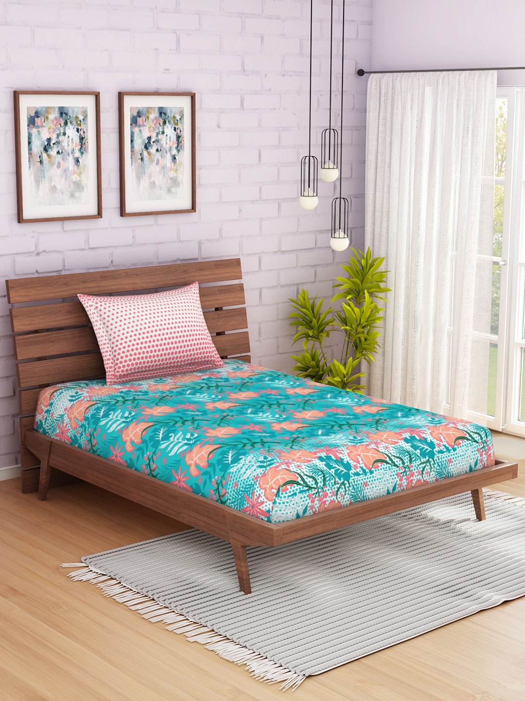 

SPACES Turquoise Blue & Peach-Coloured Floral 144 TC Cotton 1 Single Bedsheet with 1 Pillow Covers